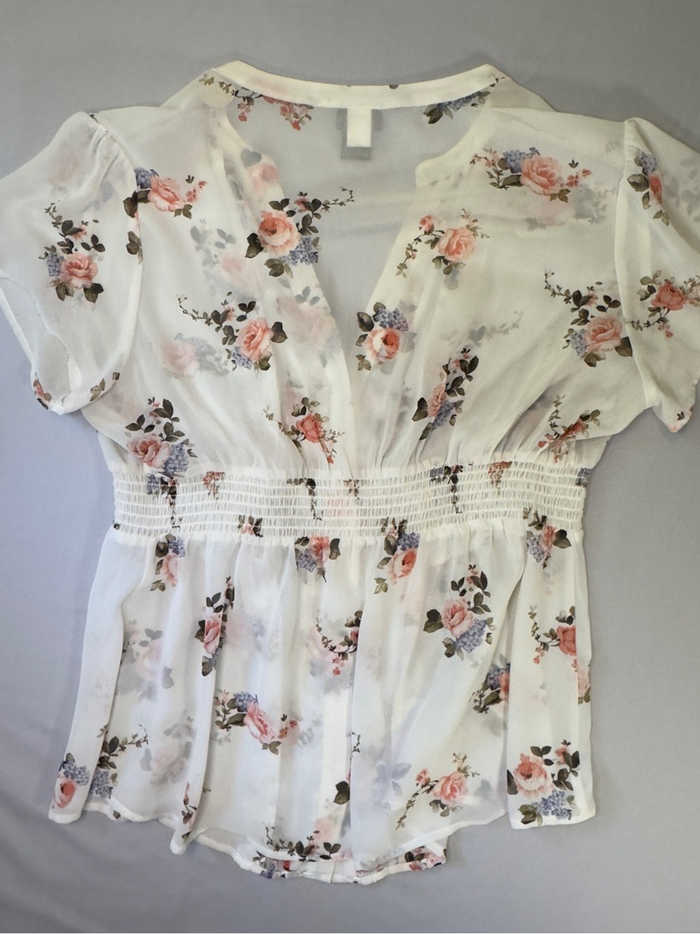 torrid Sheer White Floral Ruffle-Front Smocked Blouse, size 0 standard L or 12 - Picture 2 of 7